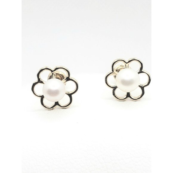 Flower Pearl Baby / Toddler / Kids Earrings Safety Screw Back - 14k Gold - Picture 3 of 11